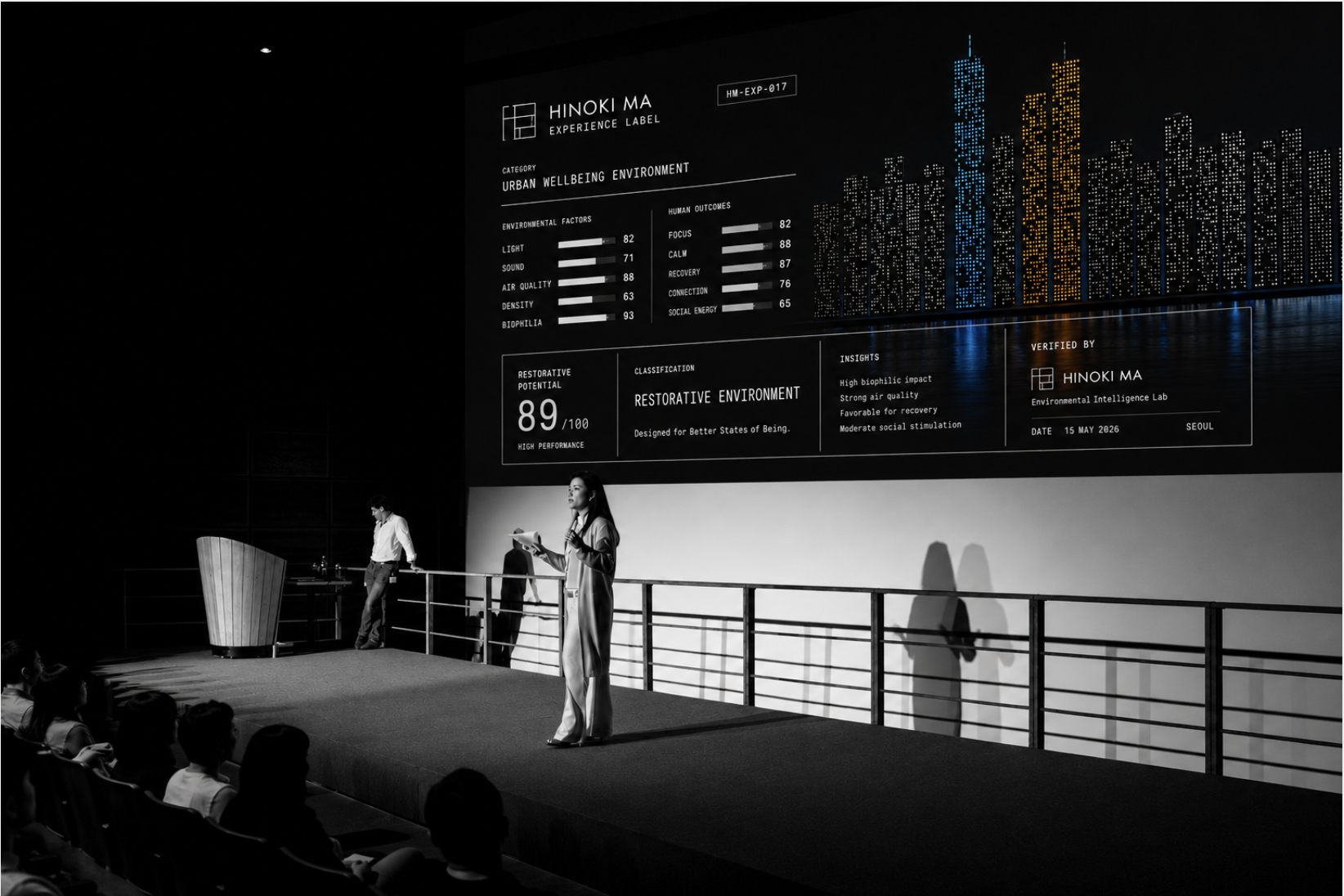 Gabriela León-Hung presenting the Hinoki Ma label system on stage in Seoul